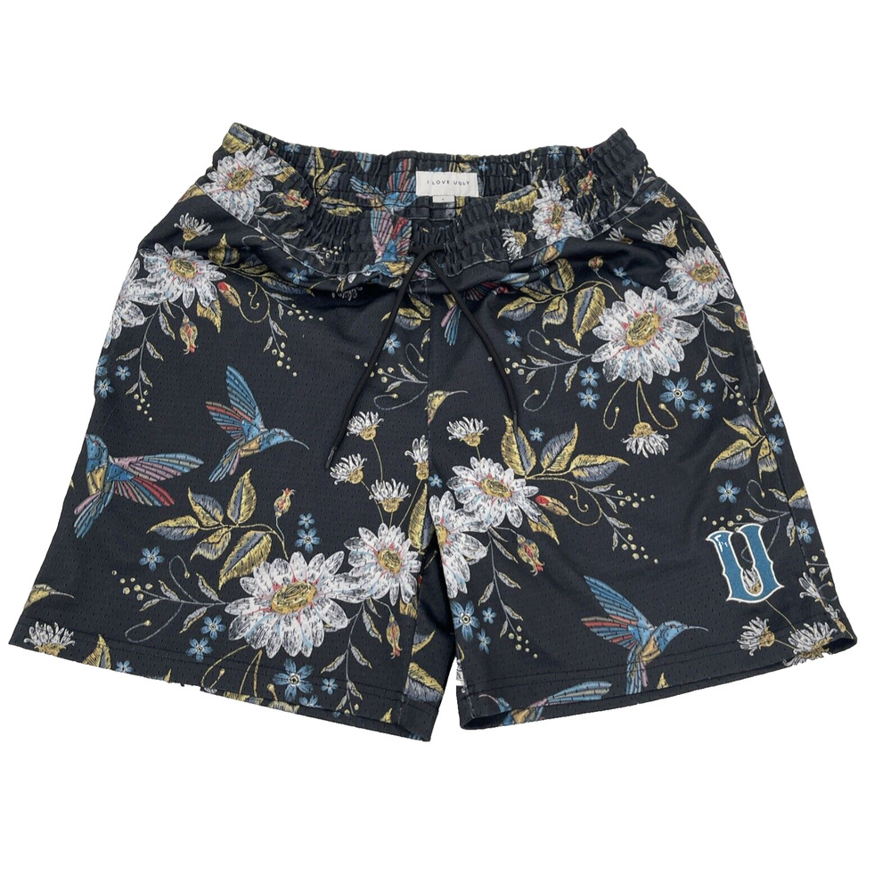 I Love Ugly Mesh Shorts Mens Large Black Floral Birds Pockets‎